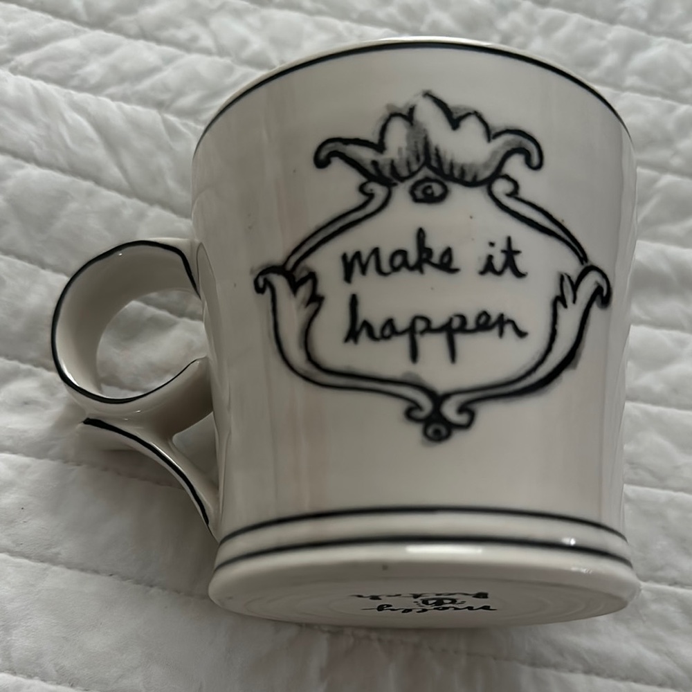 White Ceramic Mug  Black Design Molly Hatch anthropology, green white stripes